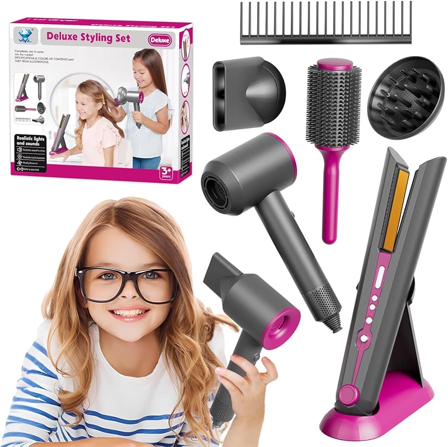 Kids Hair Salon Pretend Play Set With Real Light & Sound Hair Dryer & Straightener