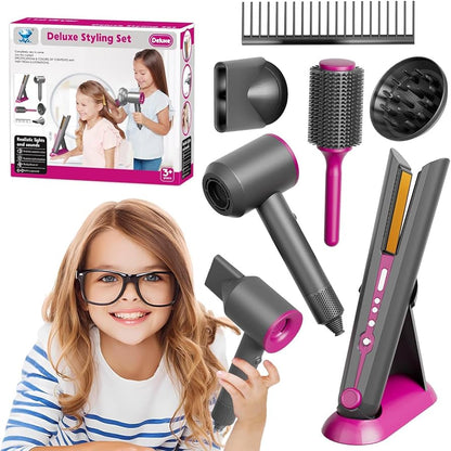 Kids Hair Salon Pretend Play Set With Real Light & Sound Hair Dryer & Straightener