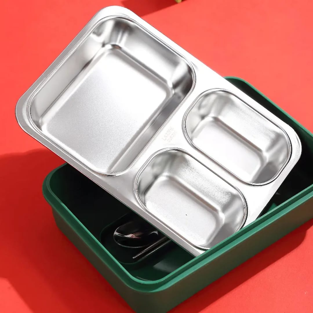 Back to School Stainless Steel Lunch Box - 3-Compartment Leak-Proof Design with Steel Spoon & Chopsticks
