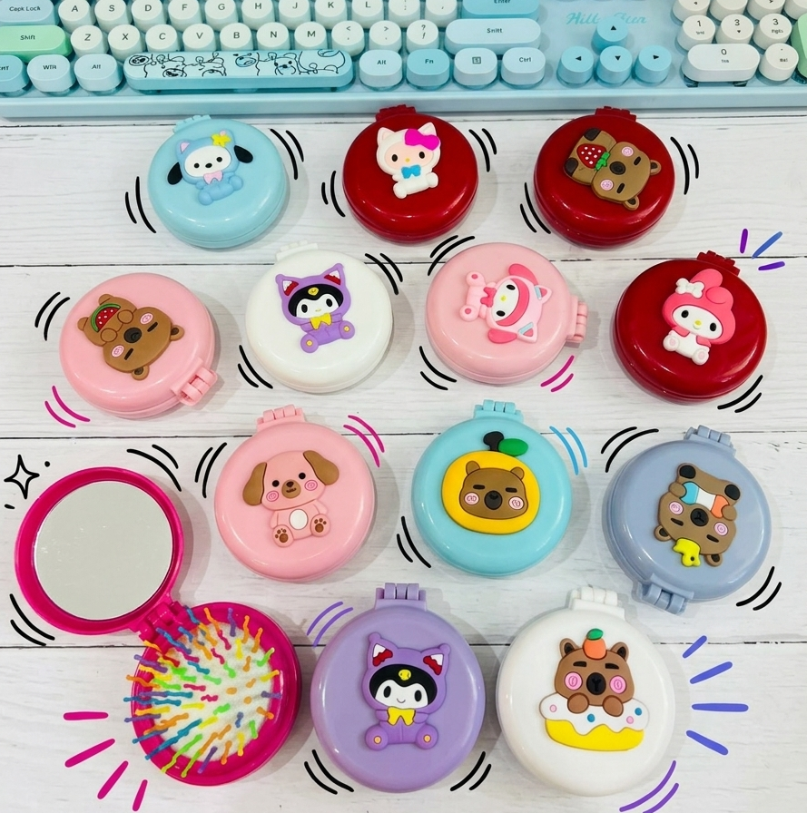 2-in-1 Kawaii Pop-Up Hair Brush with Mirror