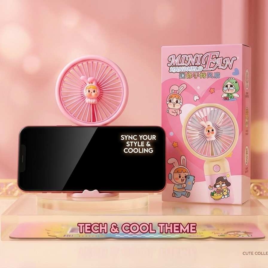 Cry Baby Power Puff Chargeable Hand Fans With Mobile Holder Stand