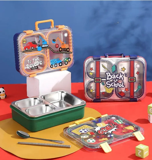 Back to School Stainless Steel Lunch Box - 3-Compartment Leak-Proof Design with Steel Spoon & Chopsticks