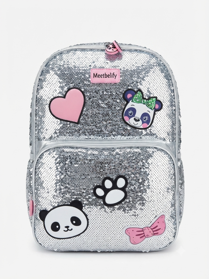 Sparkling Silver Panda Sequin School Bag