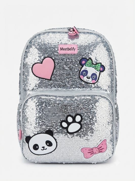 Sparkling Silver Panda Sequin School Bag