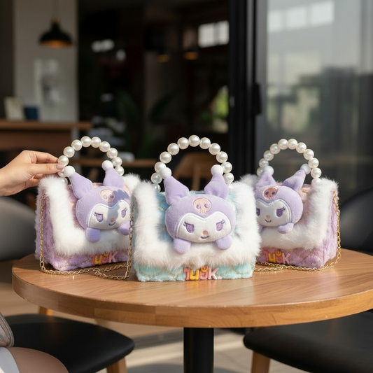 Premium Kuromi Plush Pearl Handle Bag for Girls