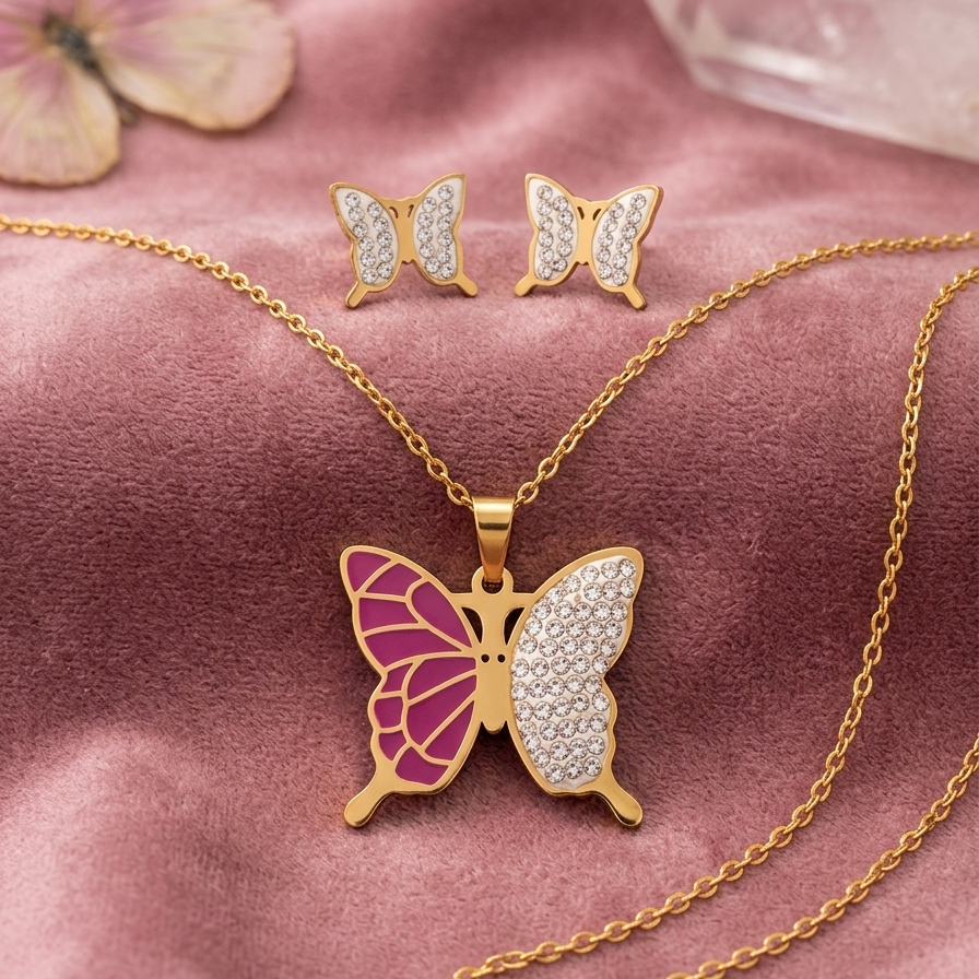 Butterfly Stainless Steel Necklace and Earring Set,