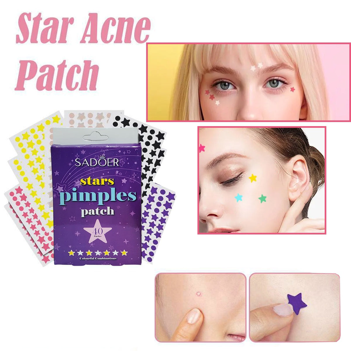 Sadoer Stars Pimple Patch – Colorful Hydrocolloid Acne Stickers for Quick Healing (40 Patches)