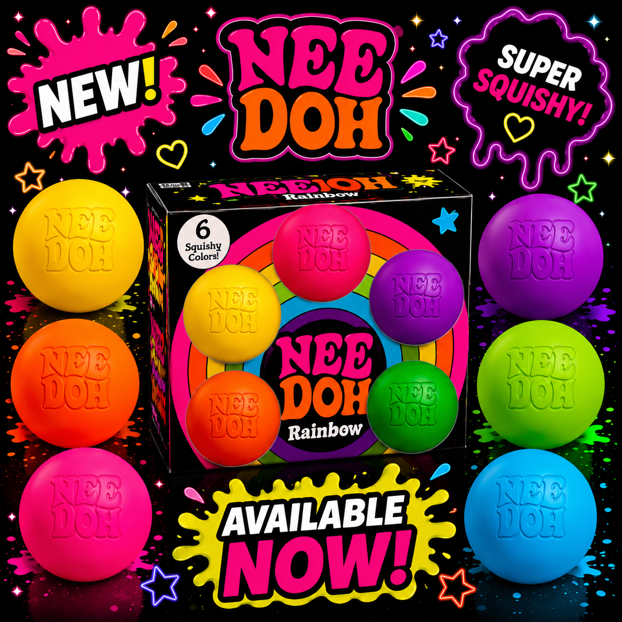Needoh Rainboh Teenie Pack Of 6 Neon Sqishy Toy