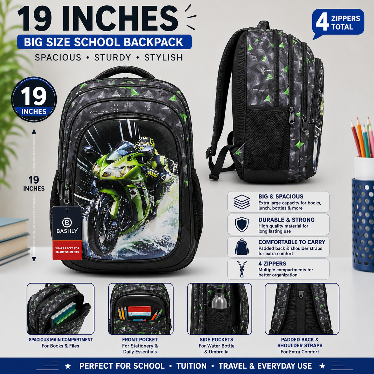 3D Hard-Shell Fiber Motorcycle School Bag 19 Inches