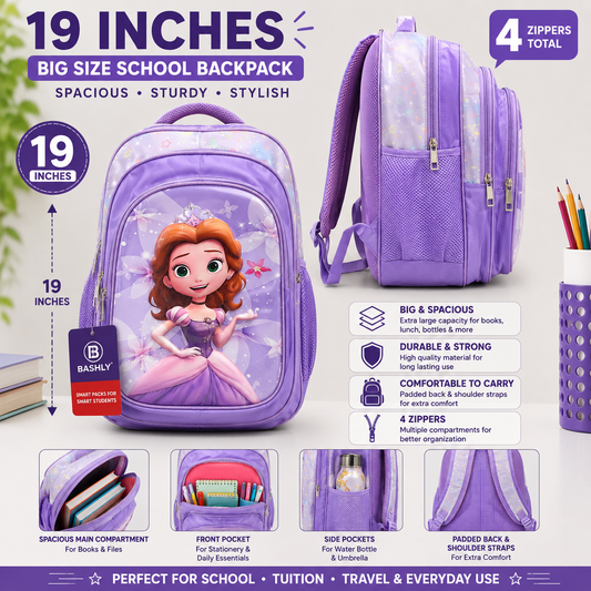 Sofia Princess School Backpack – 19 Inches | 4 Zippers
