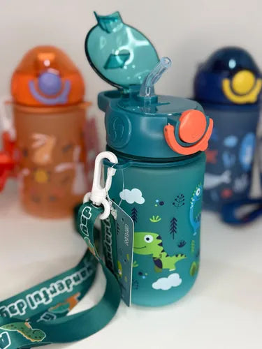 Kids Cartoon 600ml Sipper Water Bottle with Adjustable Strap & Cap Lock