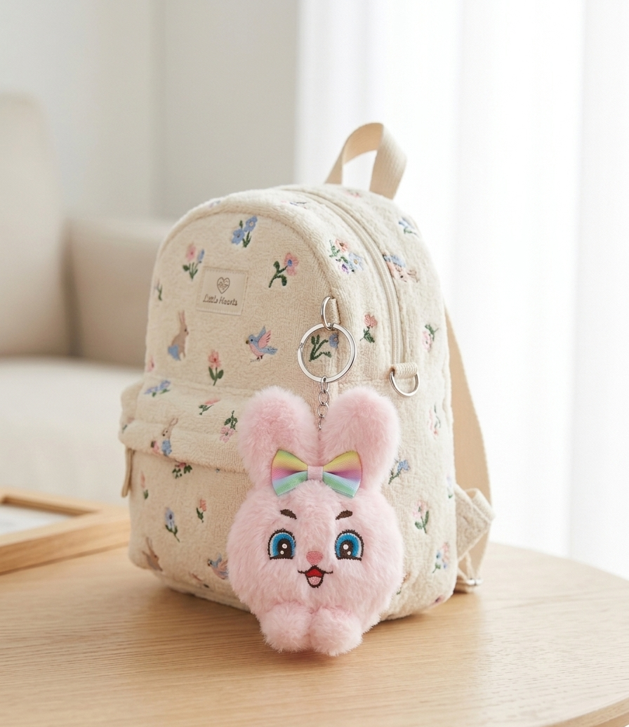 Adorable Fluffy Pink Bunny Keychain with Rainbow Bow
