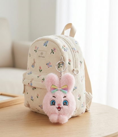 Adorable Fluffy Pink Bunny Keychain with Rainbow Bow