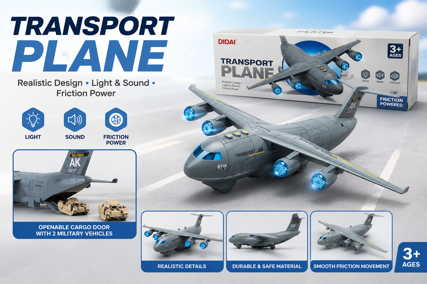 Military Transport Plane Toy for Kids – Light & Sound Army Aircraft