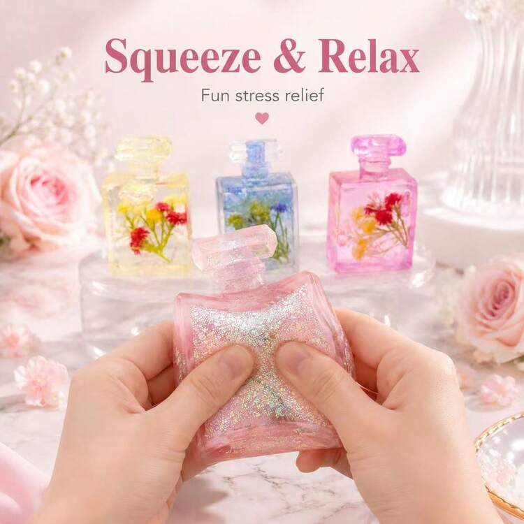 Glitter Flower Perfume Bottle Squishy – Stress Relief Toy