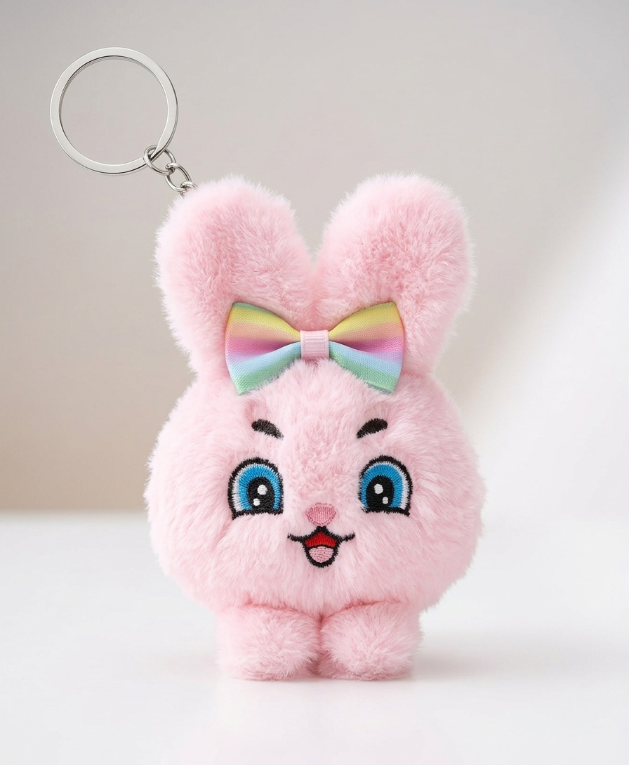 Adorable Fluffy Pink Bunny Keychain with Rainbow Bow