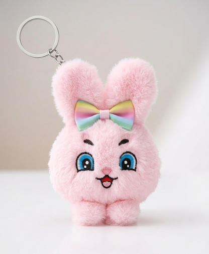 Adorable Fluffy Pink Bunny Keychain with Rainbow Bow