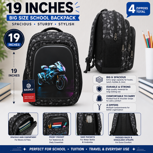 3D Hard-Shell Fiber Motorcycle School Bag 19 Inches
