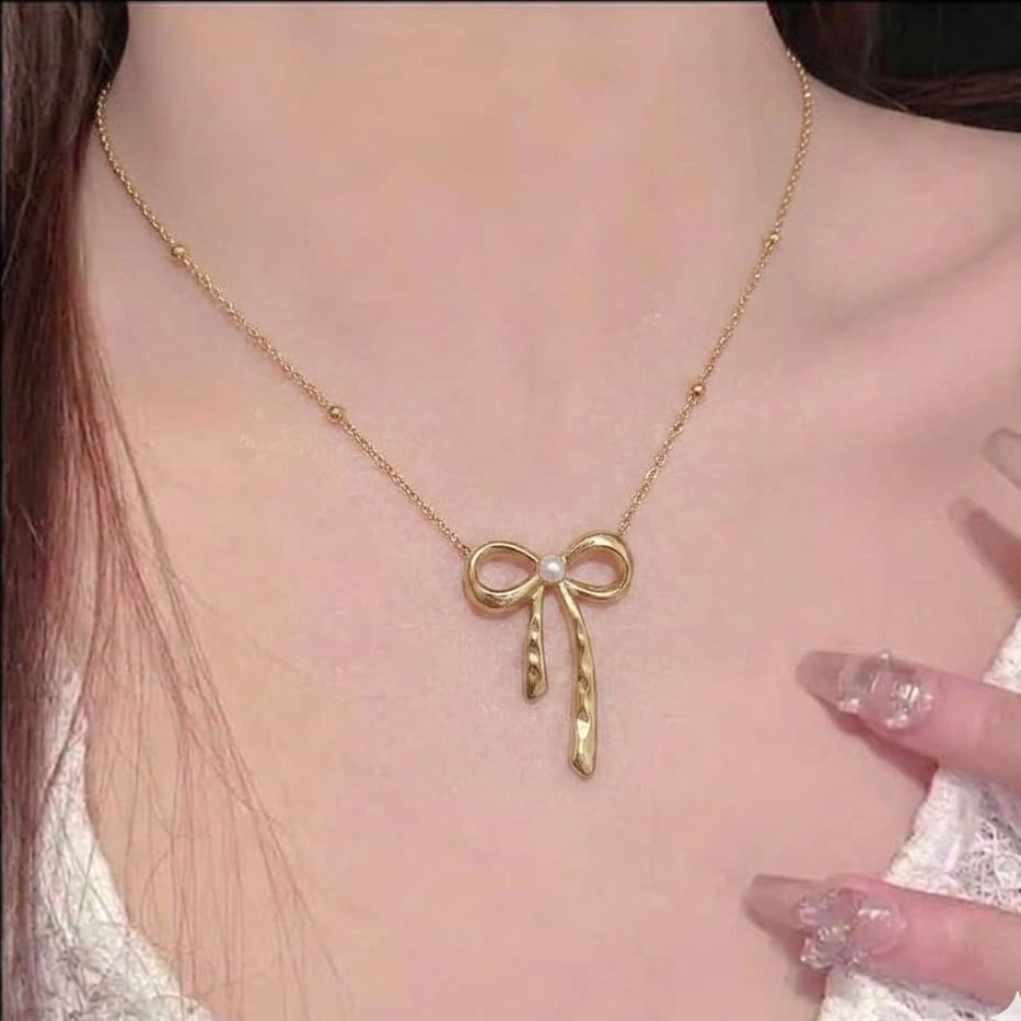 Korean Big Bow Stainless Steel Necklace