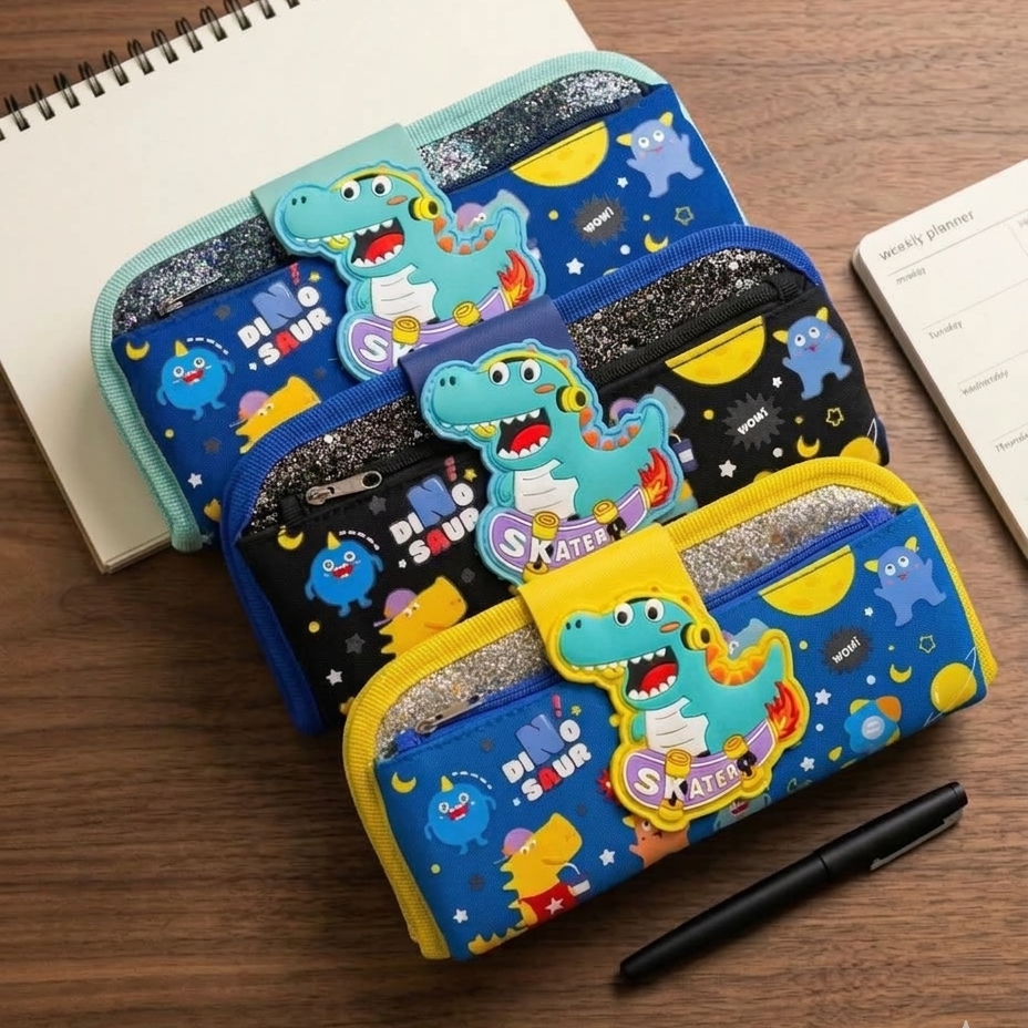 ​3D Cute Dinosaur Skater Pencil Case – Multi-Compartment Kids School Pouch