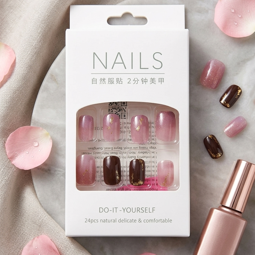 Premium DIY Press-On Nails – Rich Chocolate & Soft Pink with Subtle Glitter