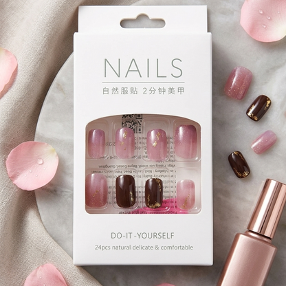 Premium DIY Press-On Nails – Rich Chocolate & Soft Pink with Subtle Glitter