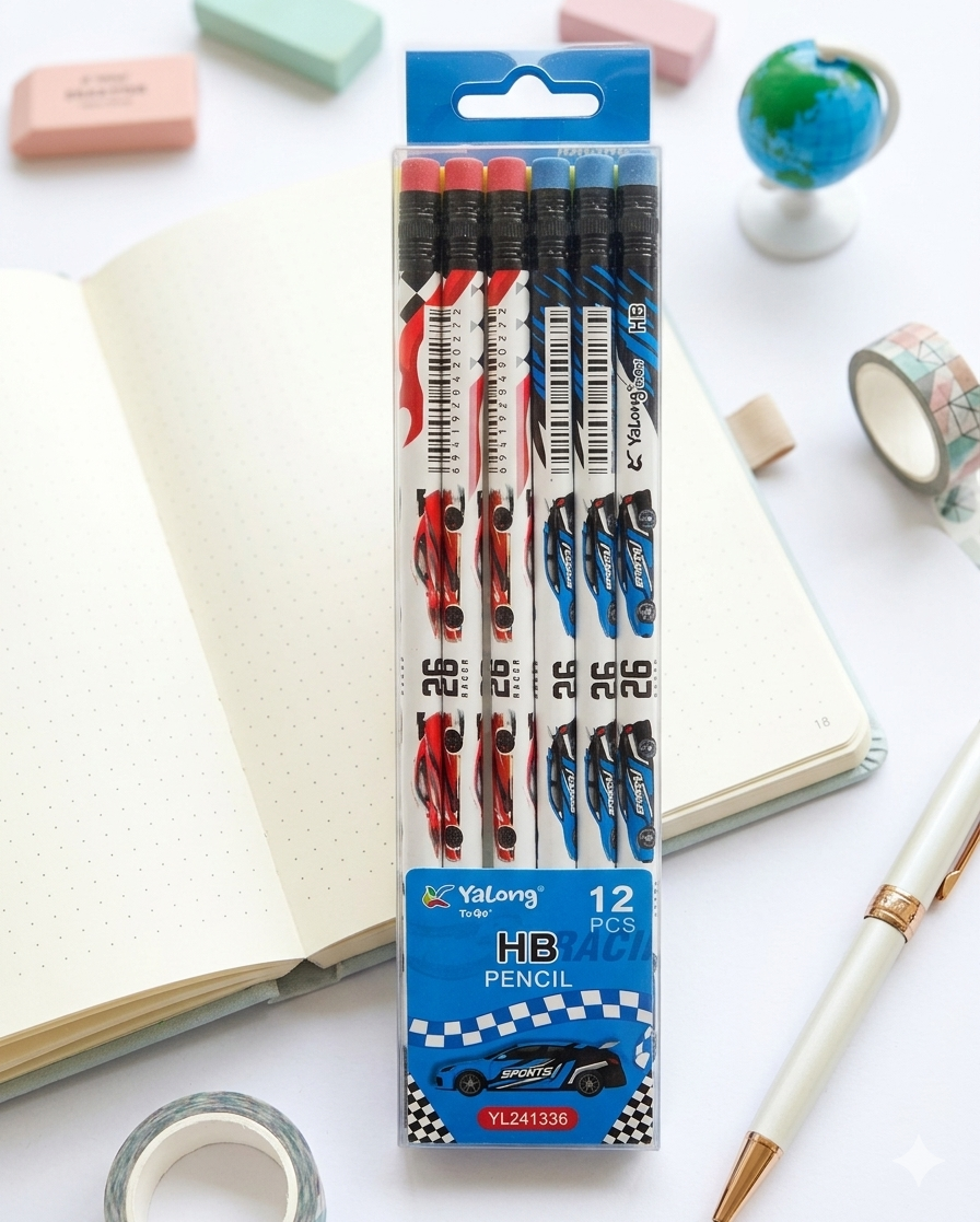 Yalong Cars Hb Pencil Set Of 12 With Erasers