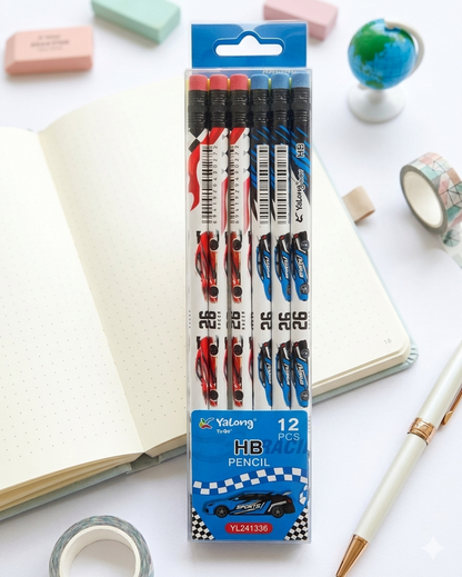 Yalong Cars Hb Pencil Set Of 12 With Erasers