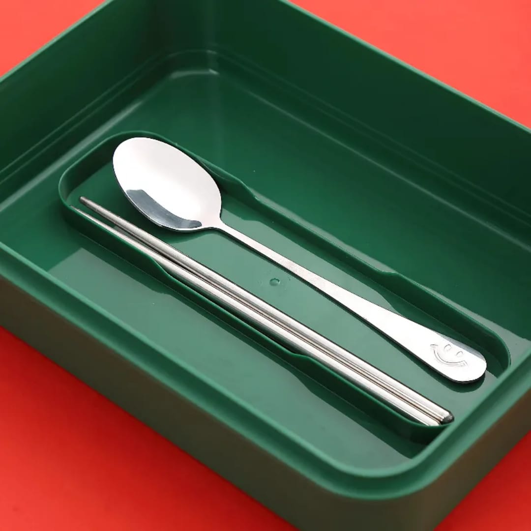 Back to School Stainless Steel Lunch Box - 3-Compartment Leak-Proof Design with Steel Spoon & Chopsticks