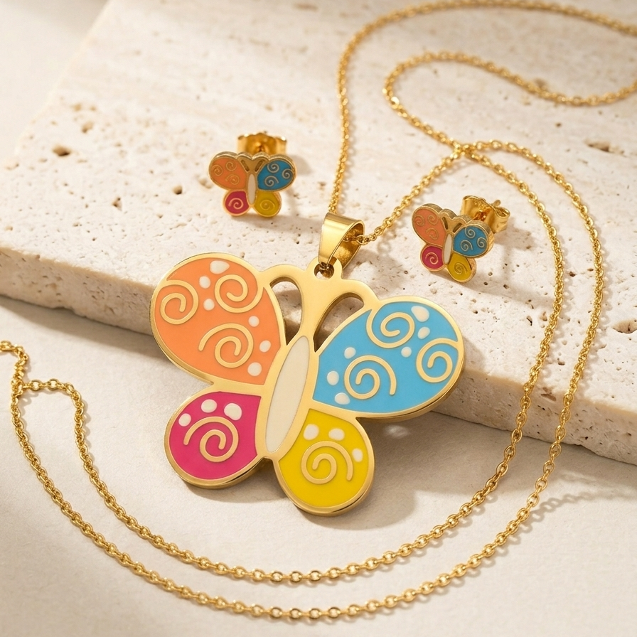 Vibrant Multi-Color Butterfly Pendant Necklace & Earrings Set – Premium Stainless Steel