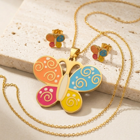 Vibrant Multi-Color Butterfly Pendant Necklace & Earrings Set – Premium Stainless Steel