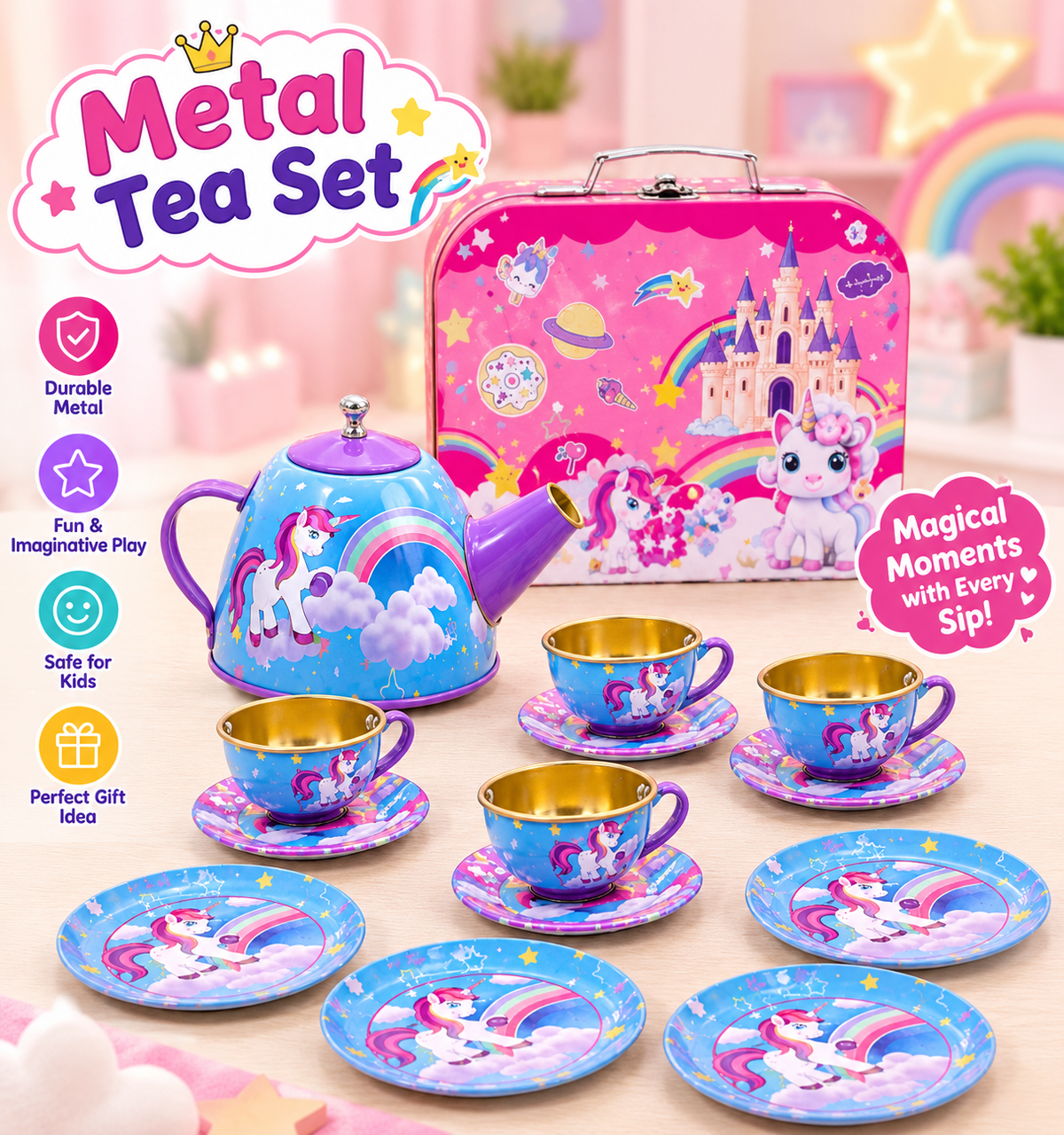 Afternoon Party Tea Set – Durable Steel Toy Set with Portable Case