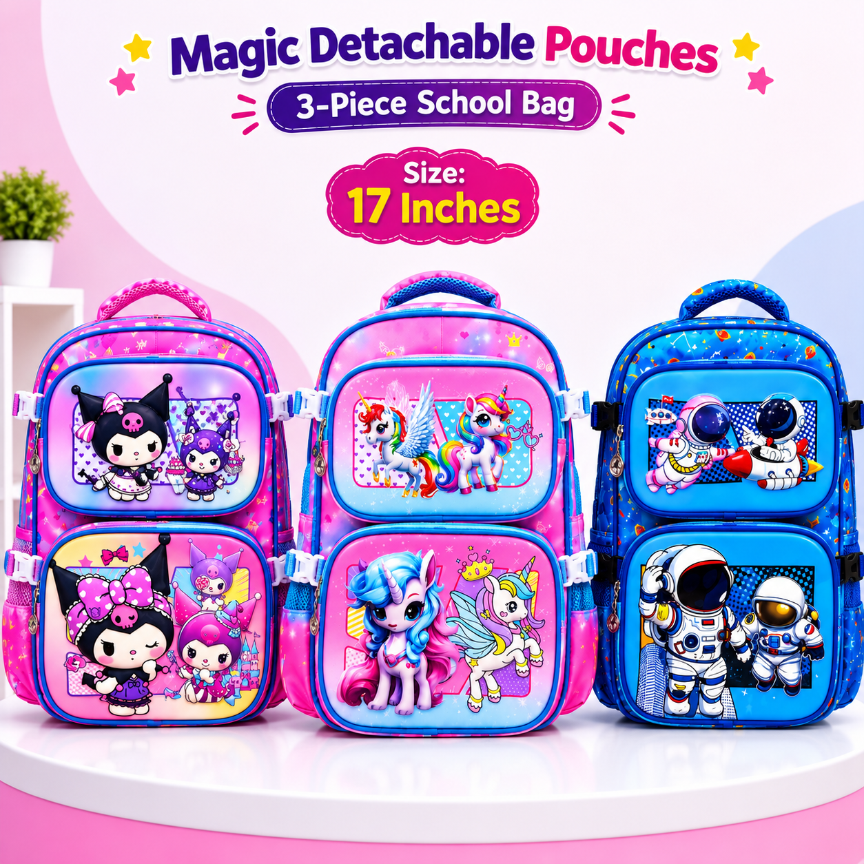 Magic Detachable Pouches 3-Piece School Bag – Premium Quality