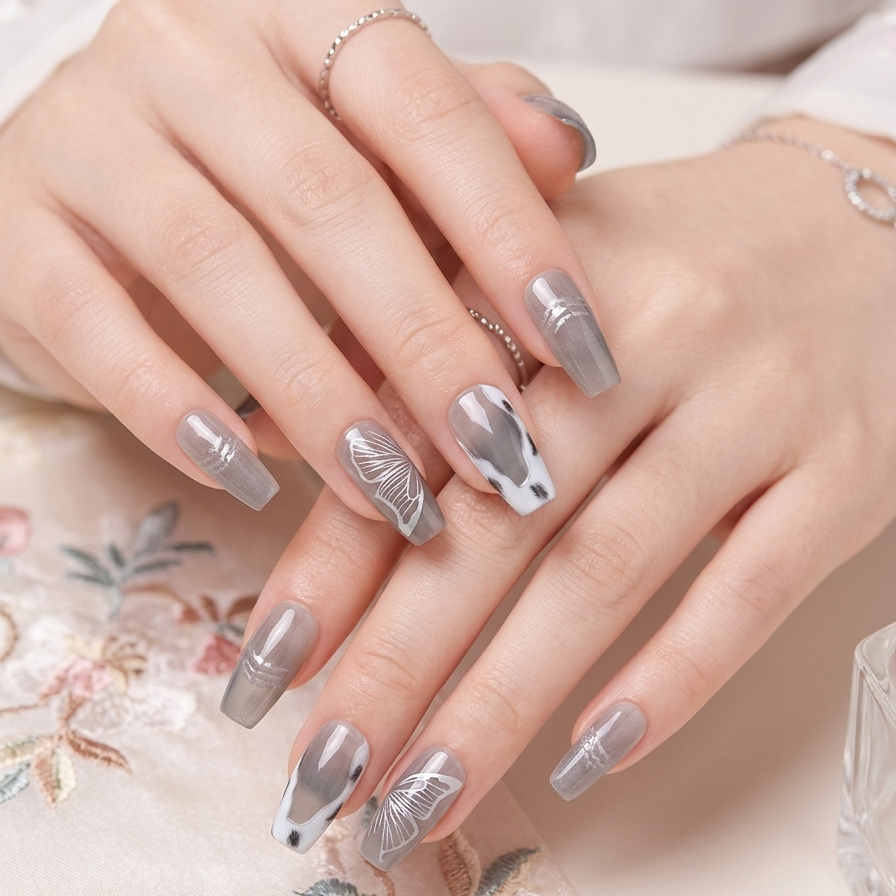 Professional One-Minute Press-On Nails – Elegant Butterfly & Cloud Grey Collection