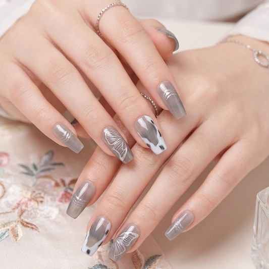 Professional One-Minute Press-On Nails – Elegant Butterfly & Cloud Grey Collection