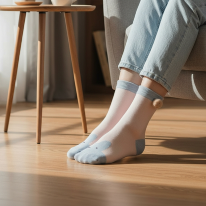 Cute Pink & Blue Heel & Toe Socks with Pom-Pom Detail