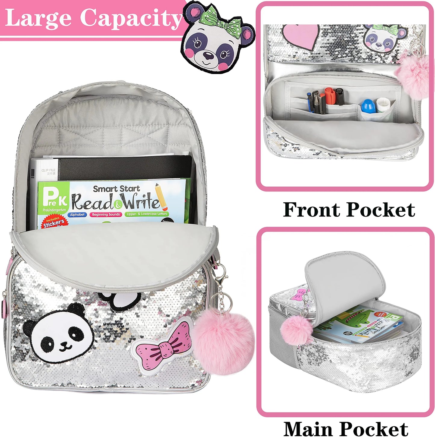 Sparkling Silver Panda Sequin School Bag