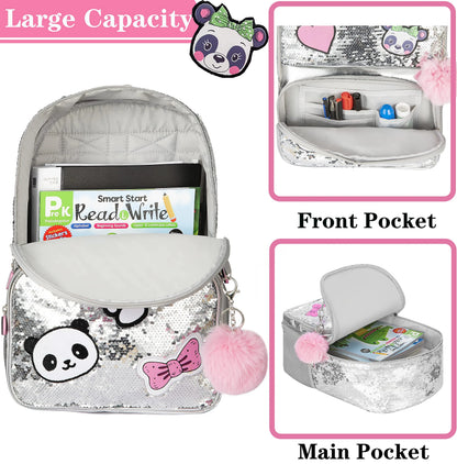 Sparkling Silver Panda Sequin School Bag