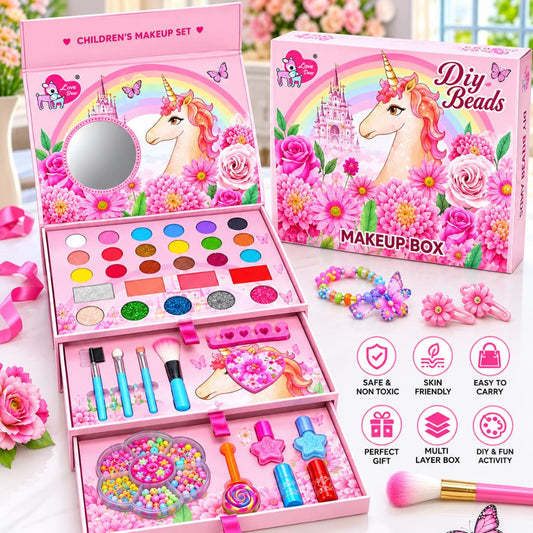 Unicorn kids Makeup Kit 3 Layers Big Box | With Bead Jewellery Kit