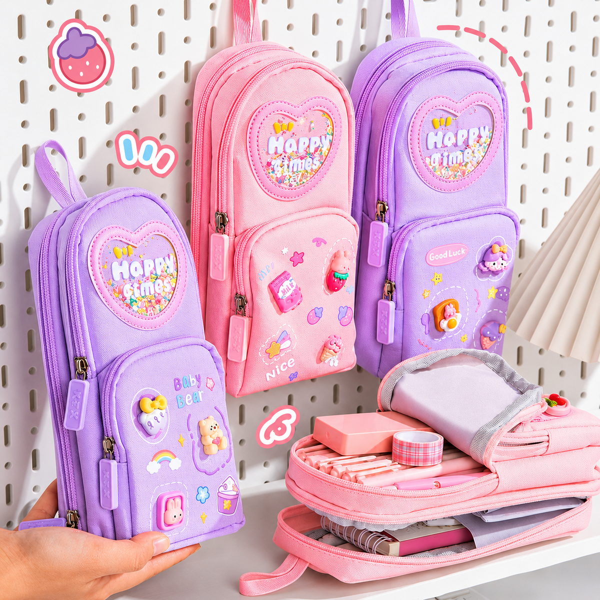 Viral Charm School Bag Shape Spacious 3 Zips Pencil Pouch